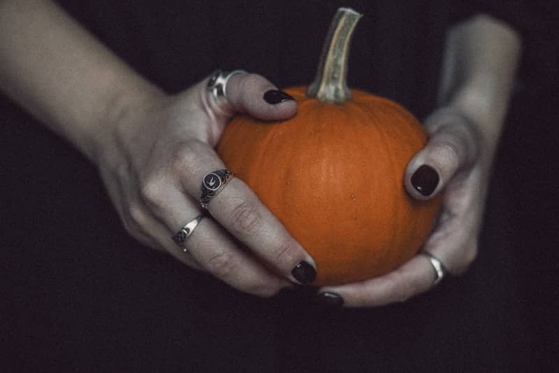 Hands holding a small orange pumpkin against dark background