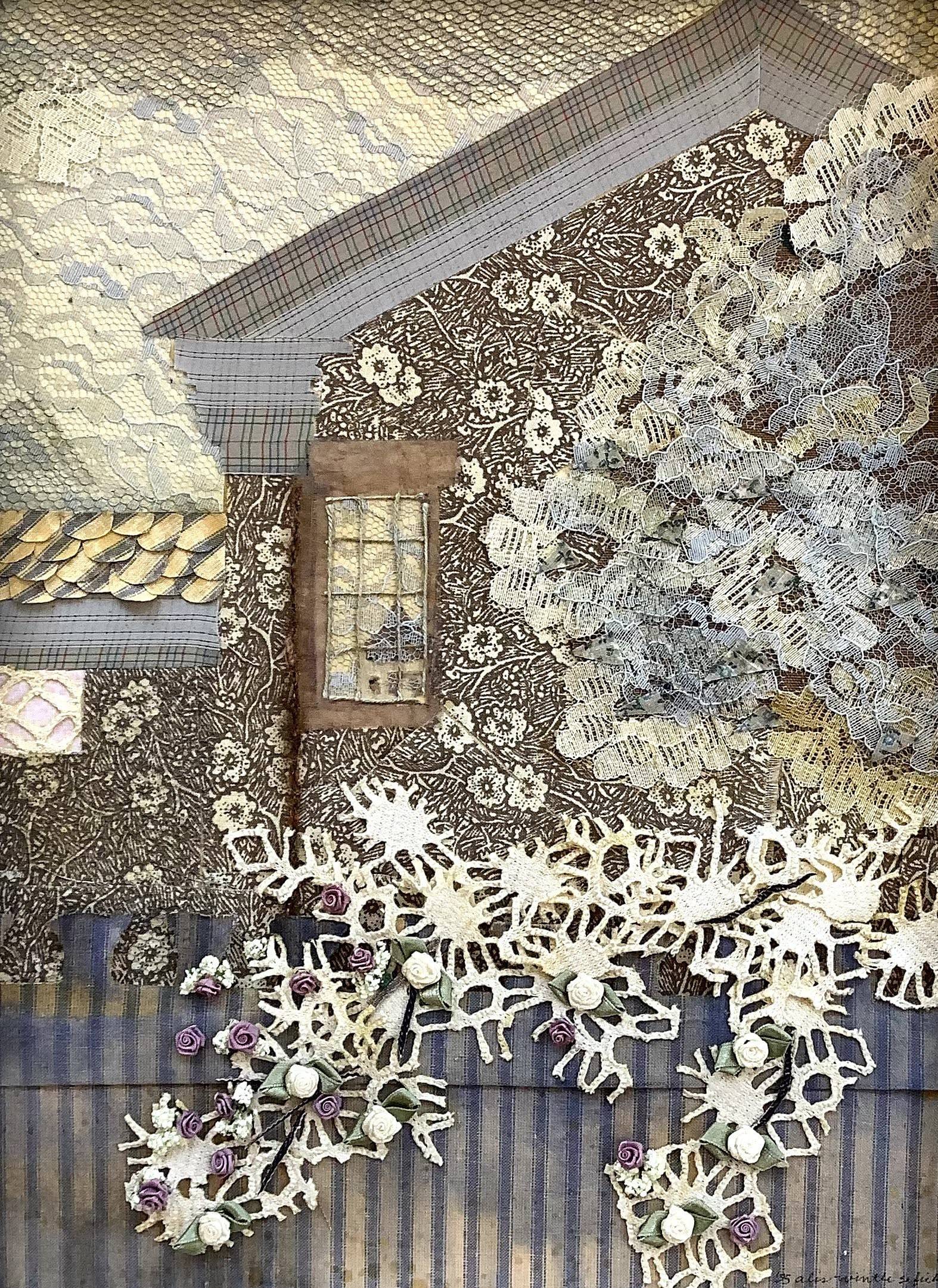 A picture of Stone House Secrets by aws Studios of a beautiful stone house with a lacy mysterious garden made with vintage Italian cotton. Prints on canvas available in aws Studios Etsy shop.