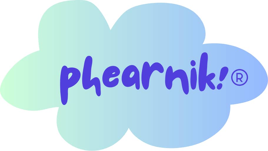 A picture of the phearnik! logo, a large purple bold type font of the phearnik! name on a blue-green cloud. phearnik! is a plush toy that helps fearful kids and adults fear less and build courage.