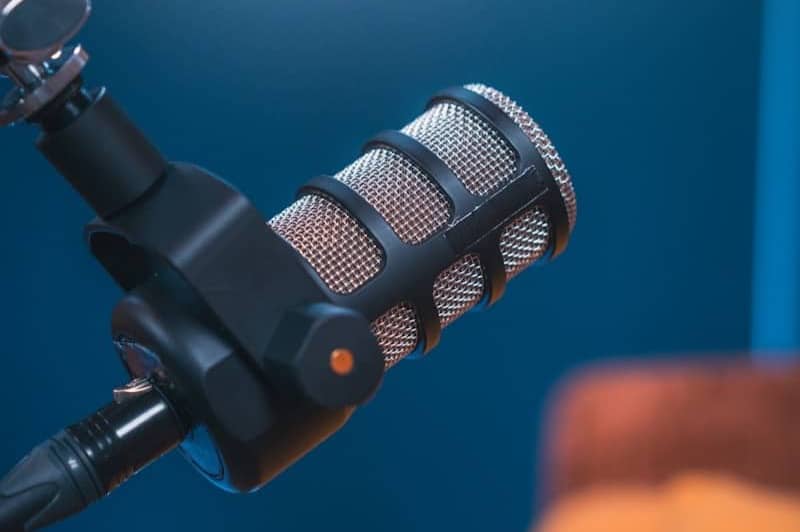A professional microphone in a recording studio.