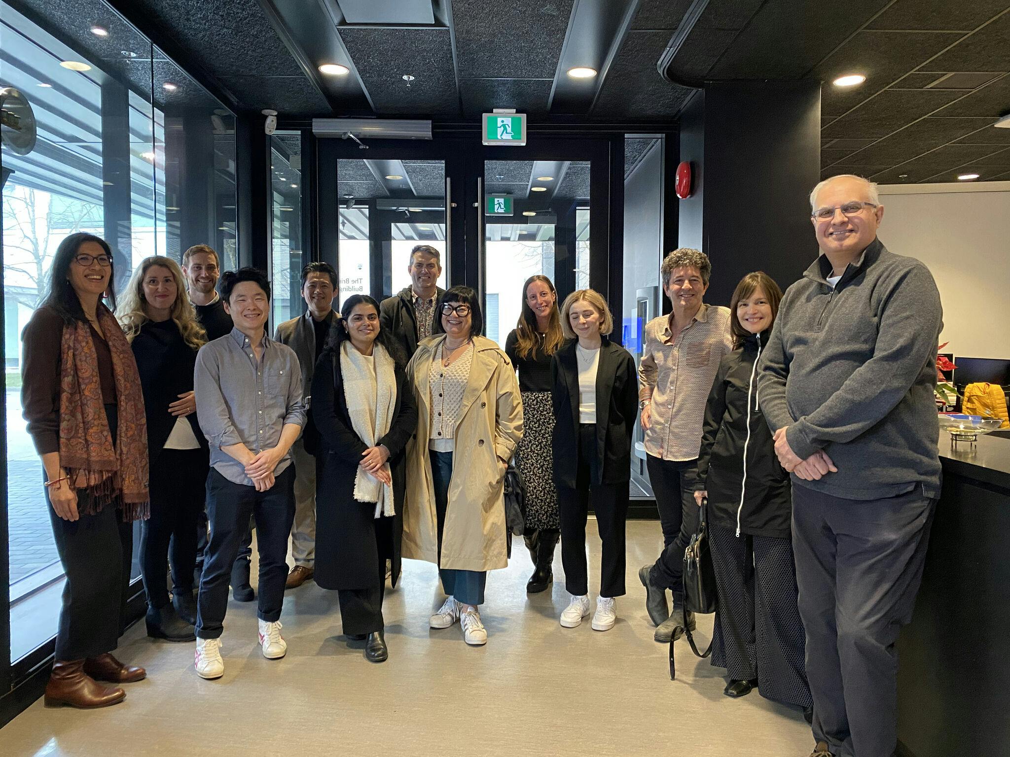 QIC CEO Lisa Lambert on tour at QMI with hosts Paola Baca, Pinder Dosanjh, and Andrea Damascelli with colleagues from the Creative Destruction Lab and entrepreneurship@UBC