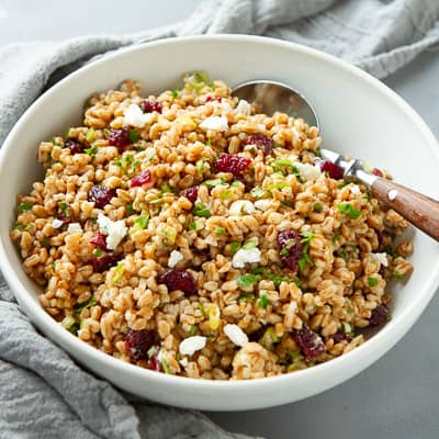 Farro and cranberry salad in a white bowl.
