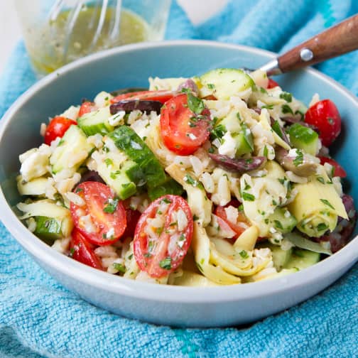 Rice and vegetable salad in a bowl.
