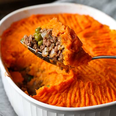 Shepherd's pie topped with sweet potato in a baking dish.
