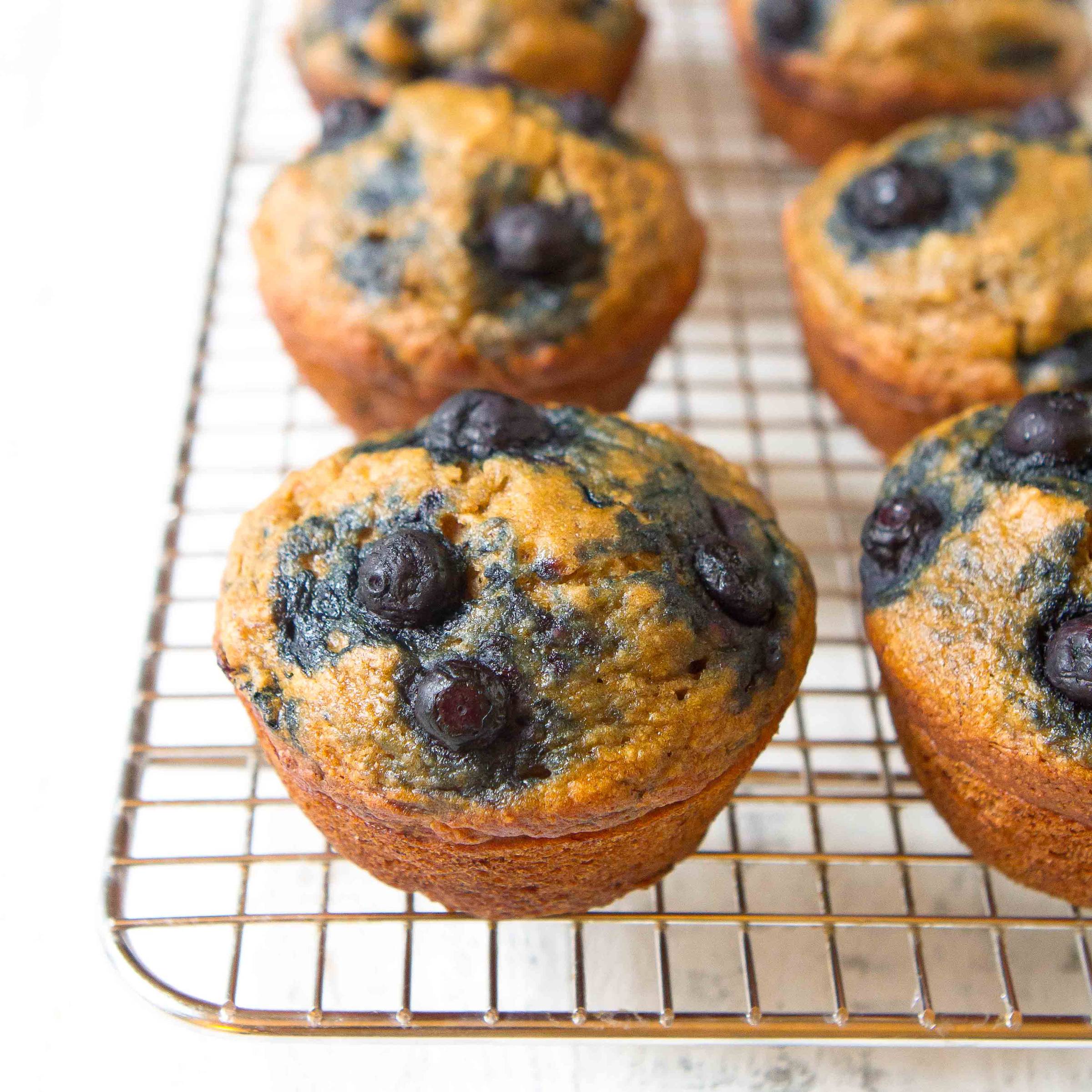 Blueberry muffins lined up on a cooling rack.