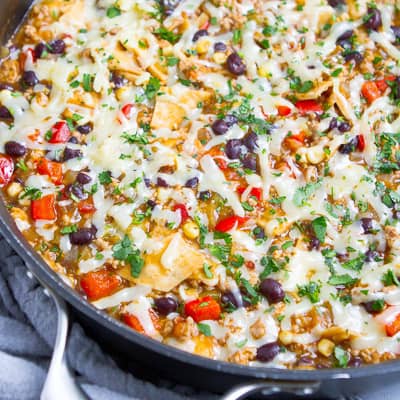 Enchilada skillet meal in a large skillet.