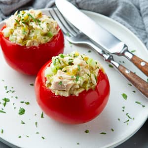 Tomatoes stuffed with tuna salad.