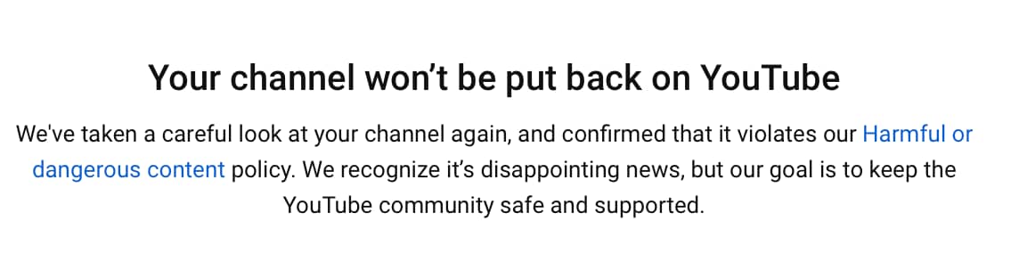Not getting your YouTube channel back notice