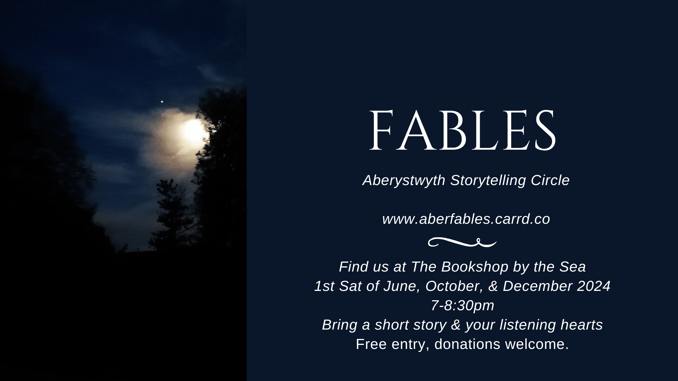 Fables story circle title card - dark blue with a full moon shining through dark trees, text as info in email.