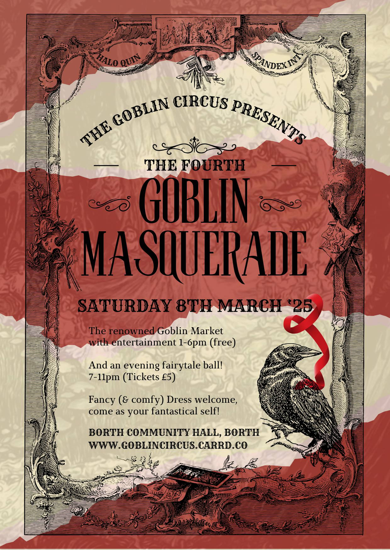 Cream and Red Goblin Masquerade flyer with line drawing of a raven waving a red ribbon - info as inside email!