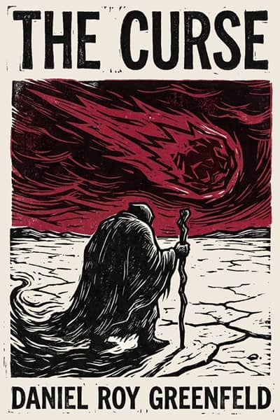 A book cover with a distinct colour scheme of white, black, and reds. A meteorite is falling in the background, while a hooded figure walks across a barren wasteland.
