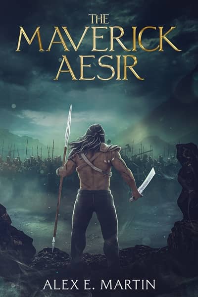 The cover of the book 'The Maverick Aesir', with a dark moody background, and a man holding a spear and sword.