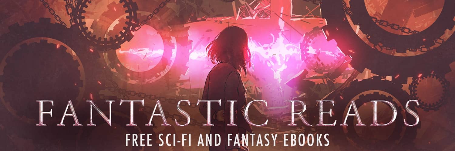 A steampunk-like banner advertising free sci-fi and fantasy e-books on StoryOrigin.