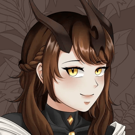 An avatar with brown hair, yellow eyes, and dragon horns.