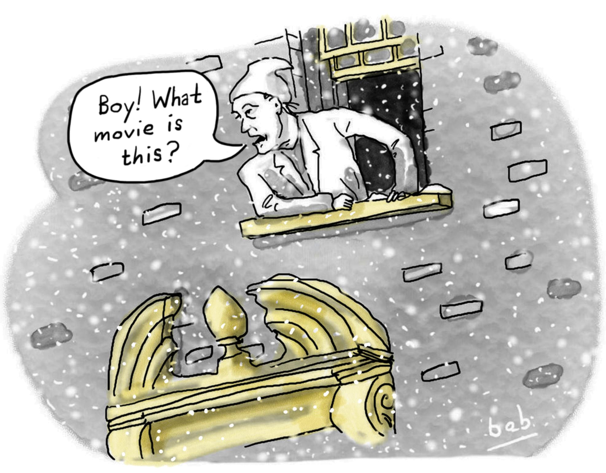 Cartoon by Bob Eckstein. Ebenezer Scrooge leans out his window on a snowy Christmas morning and yells to the street below, “Boy! What movie is this?”