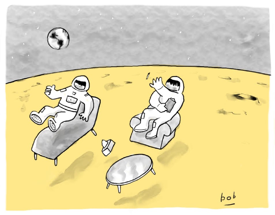 Cartoon by Bob Eckstein: two figures in spacesuits float above the surface of the moon, with Earth seen distantly in the background. The figures represent a psychotherapist—who holds a notebook but struggles to regain grasp of a pencil that's floating away—and a patient, both of whom float above their respective seats. Nearby, a box of tissues floats away from a floating coffee table.