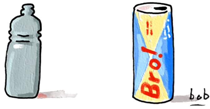 Illustration by Bob Eckstein of a clear plastic disposable water bottle standing alongside a brightly-colored can of energy drink labeled with the word “Bro!”.