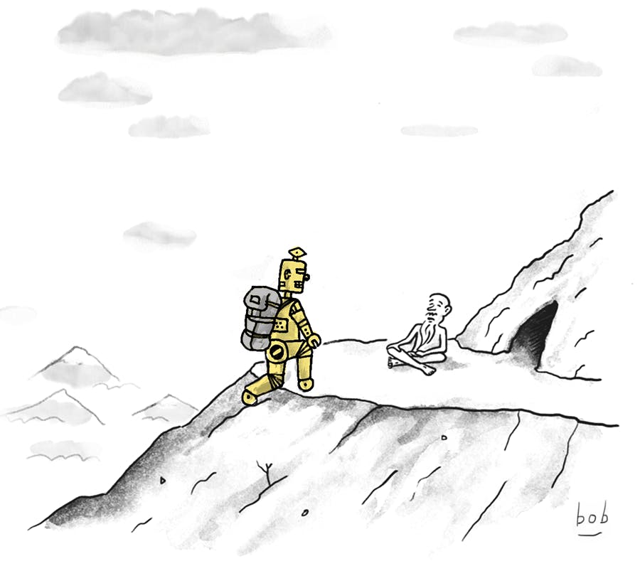 Cartoon by Bob Eckstein: having hiked to a mountaintop, a robot kneels before a guru.