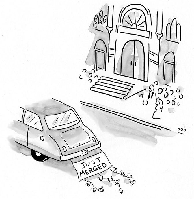 Cartoon by Bob Eckstein. Outside a church, a just-married couple are driven away in a car that has a sign reading “Just Merged” hanging from the rear bumper along with tin cans on strings.