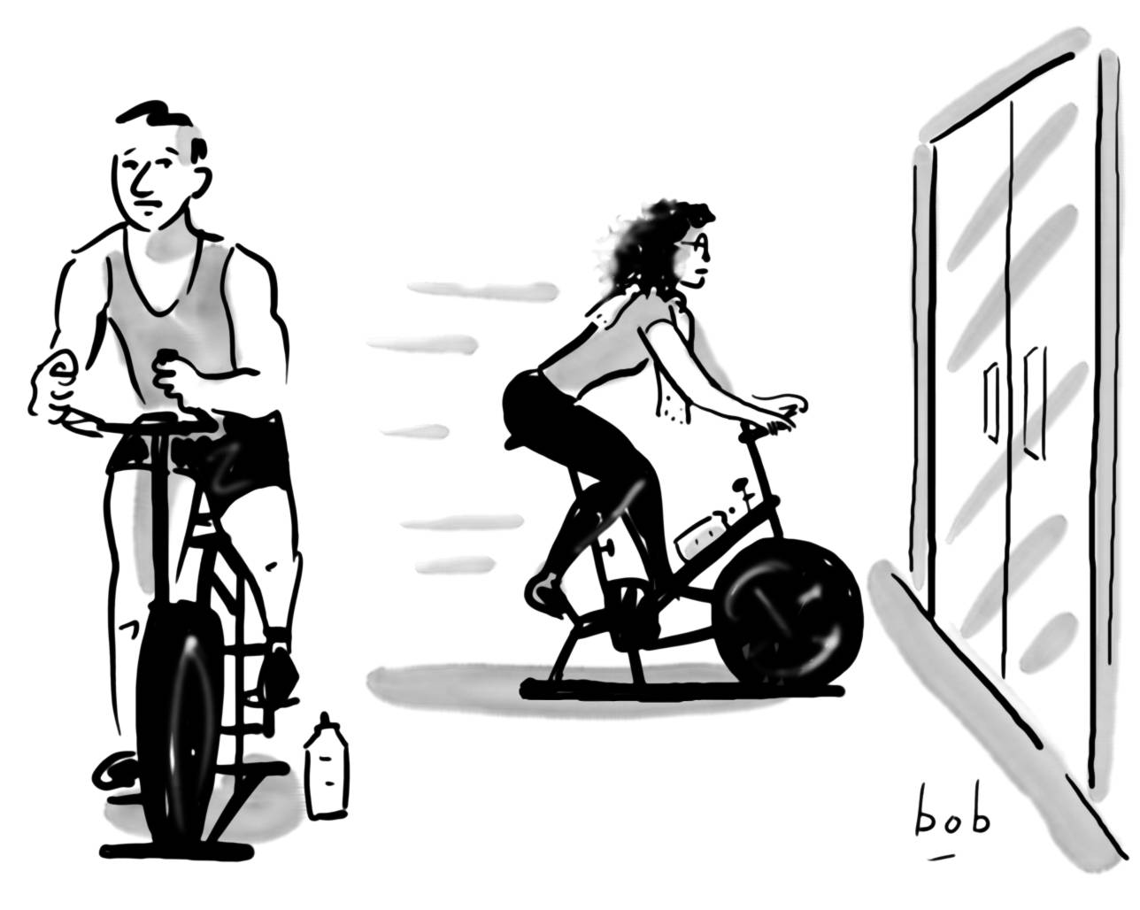 Cartoon by Bob Eckstein of Jane Friedman at the gym, pedaling on a stationary bicycle which is rapidly moving toward the exit door.