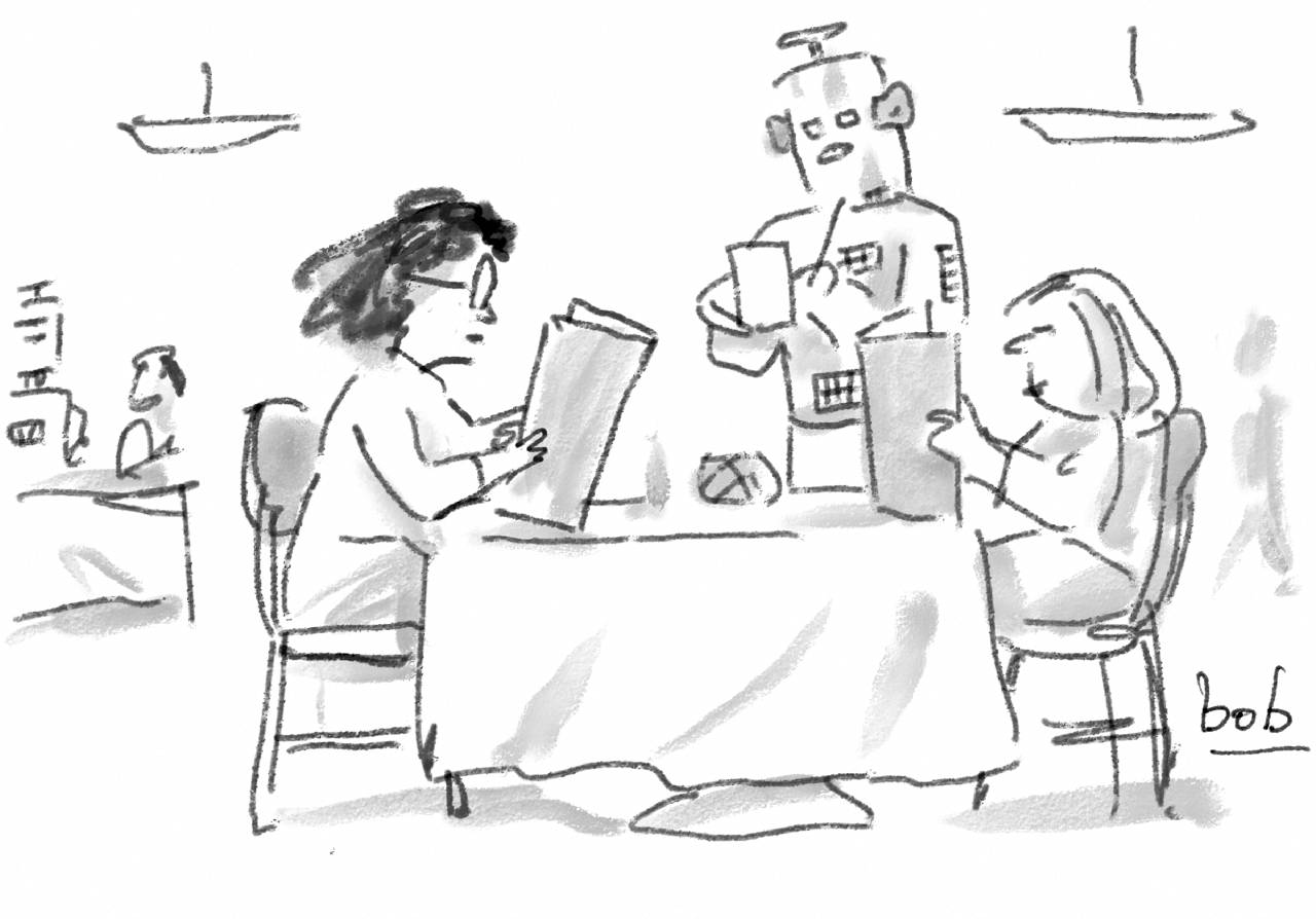 Cartoon by Bob Eckstein of two women perusing menus at a restaurant table as a robot waiter stands ready to take their order.