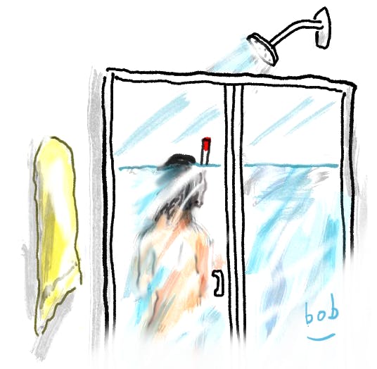 Cartoon by Bob Eckstein. A woman wearing a snorkel stands in a bathroom shower in which the water level is nearly over her head.