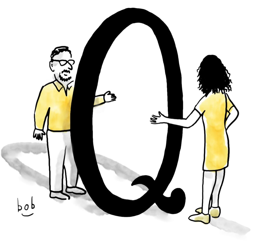 Cartoon by Bob Eckstein. A man and woman stand on opposite sides of a large capital letter Q as if it’s a standing mirror, viewing each other through its center and gesturing as if they are trying to communicate.