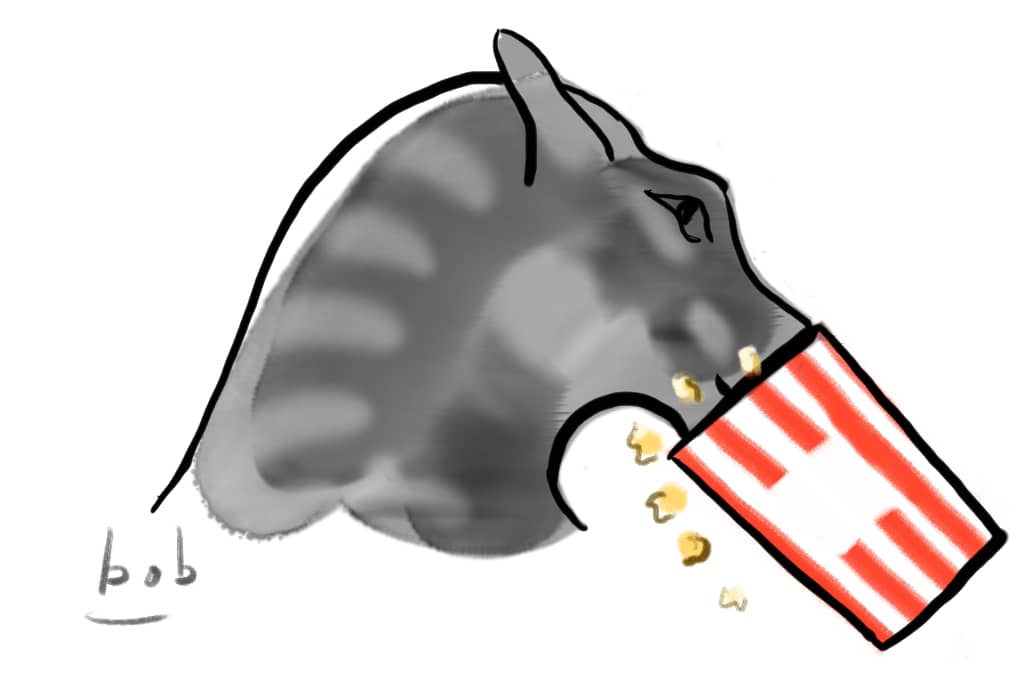 Illustration by Bob Eckstein of an Odyssey-style Trojan horse whose muzzle is buried in a bucket of popcorn instead of oats.