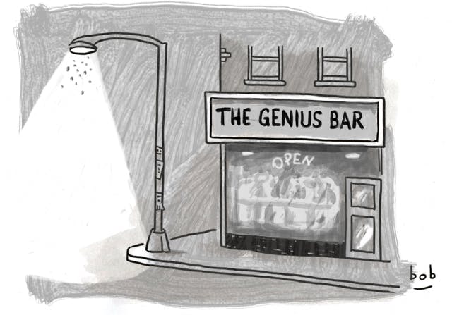 Cartoon by Bob Eckstein. At the corner of an urban block at nighttime with a street lamp shining nearby sits a drinking establishment called The Genius Bar.