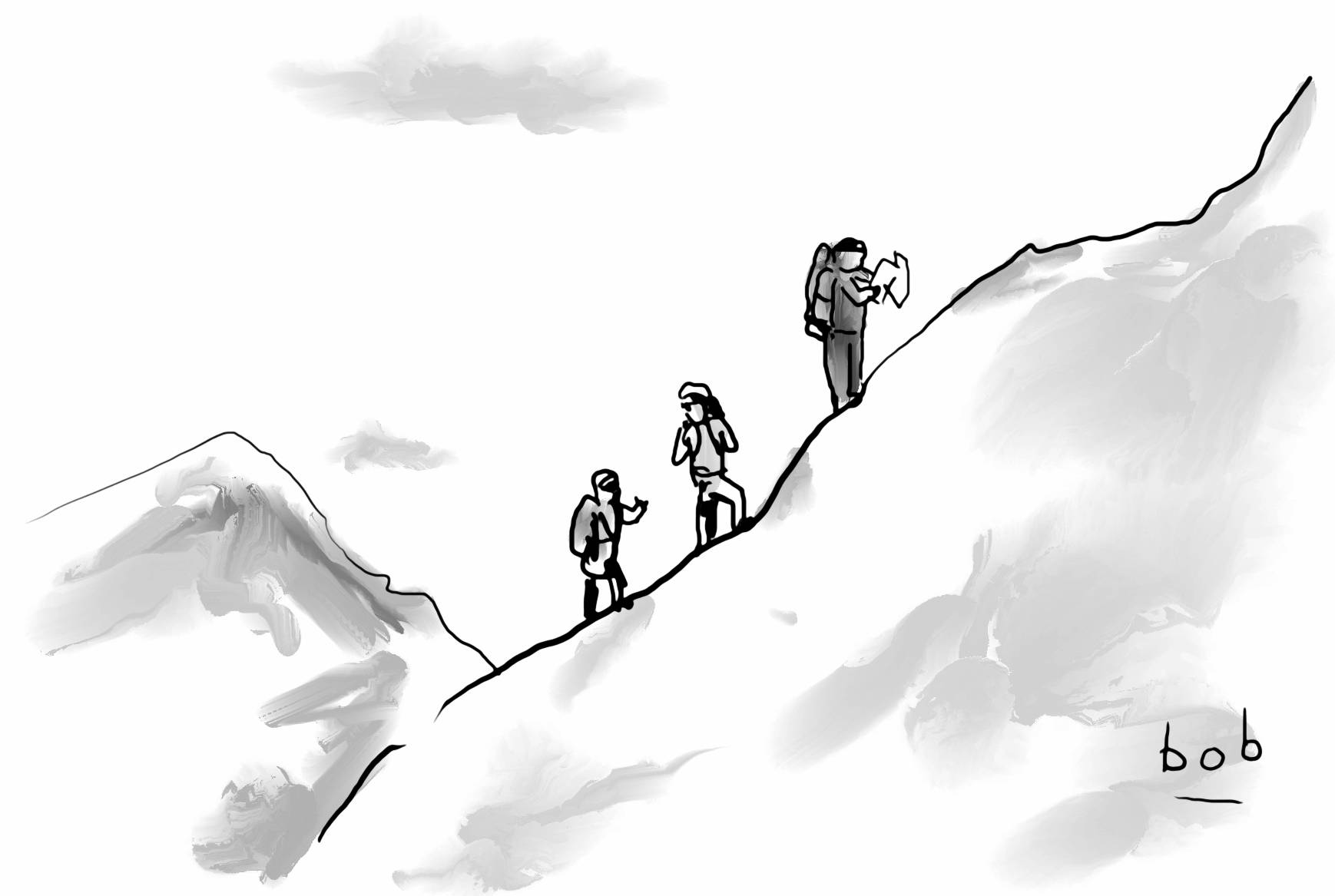llustration by Bob Eckstein of two mountain climbers standing quizzically behind their hired guide, who is studying a map.