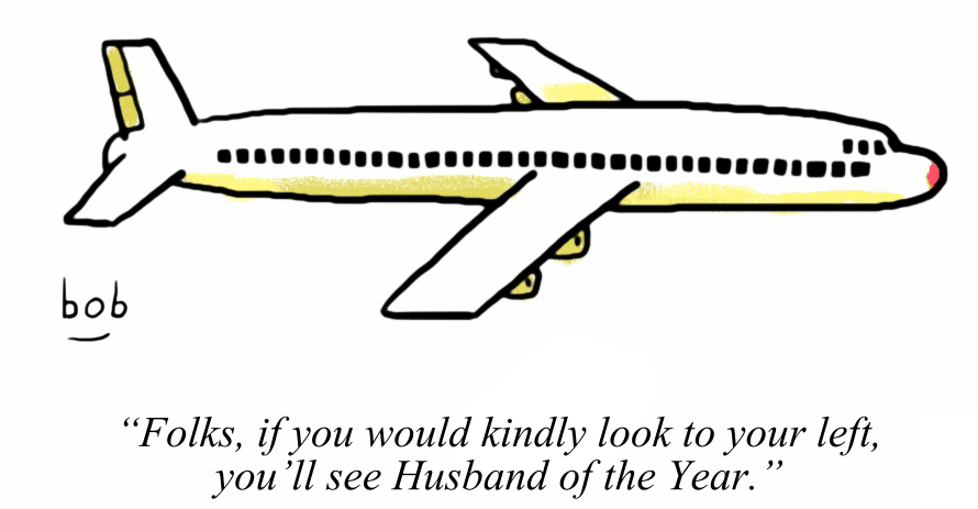 Cartoon by Bob Eckstein of an airplane in flight with the caption, “Folks, if you would kindly look to your left, you’ll see Husband of the Year.”