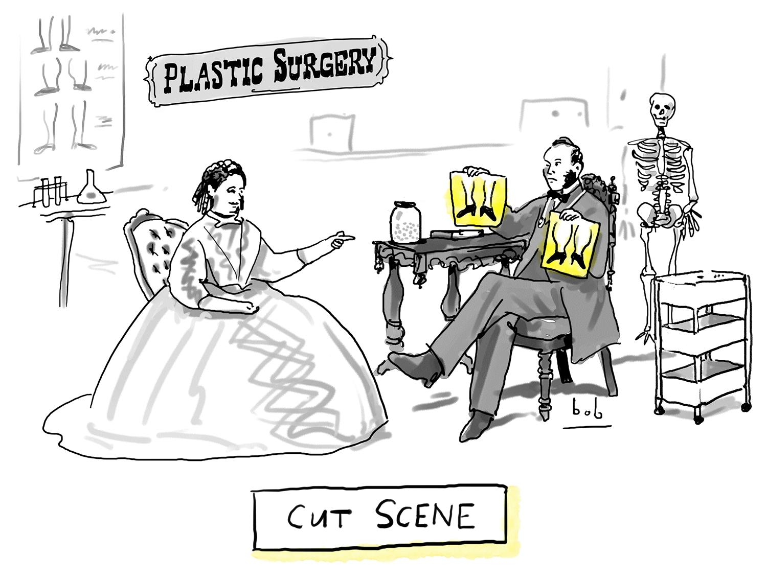 Cartoon: In a gilded age plastic surgery office, a surgeon and a prospective female patient, both wearing full period garb, sit in chairs facing one another. The surgeon holds up two images of female calves and ankles, and the patient points at the one she wants for herself, which is the more plump option. The caption beneath reads: “Cut scene”.