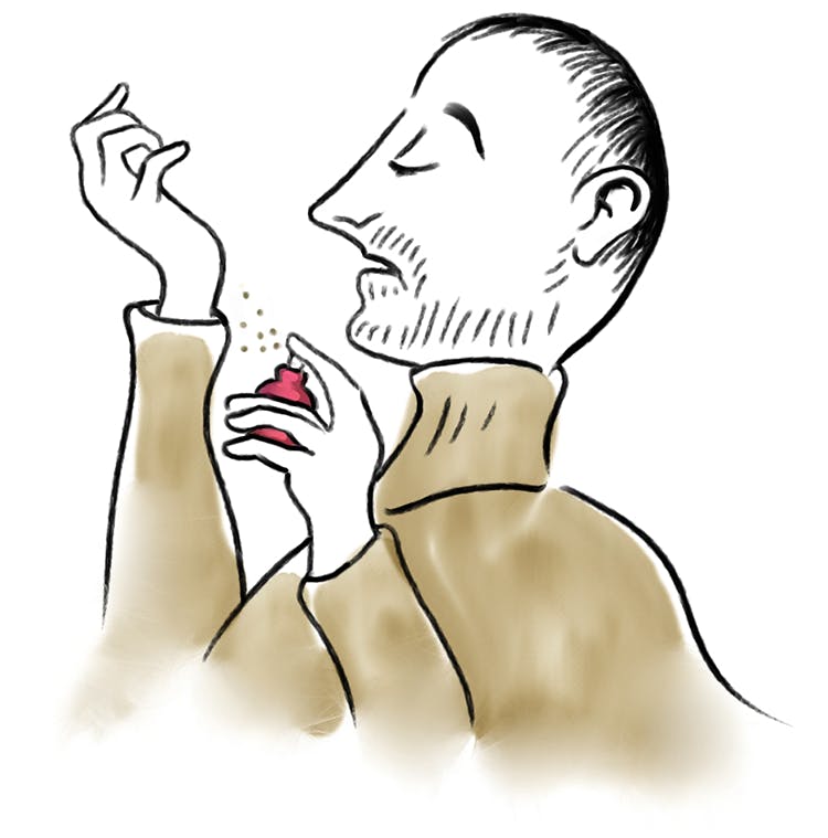 Cartoon by Bob Eckstein. A portrait of Francis Kurkdjian spraying perfume onto his wrist.