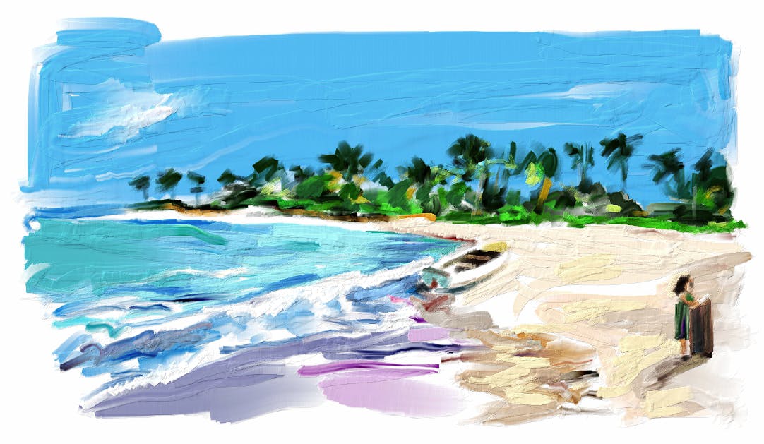 Digital painting by Bob Eckstein. A young woman with a large suitcase maneuvers up the beautiful tropical beach onto which she’s just landed a small motorboat.