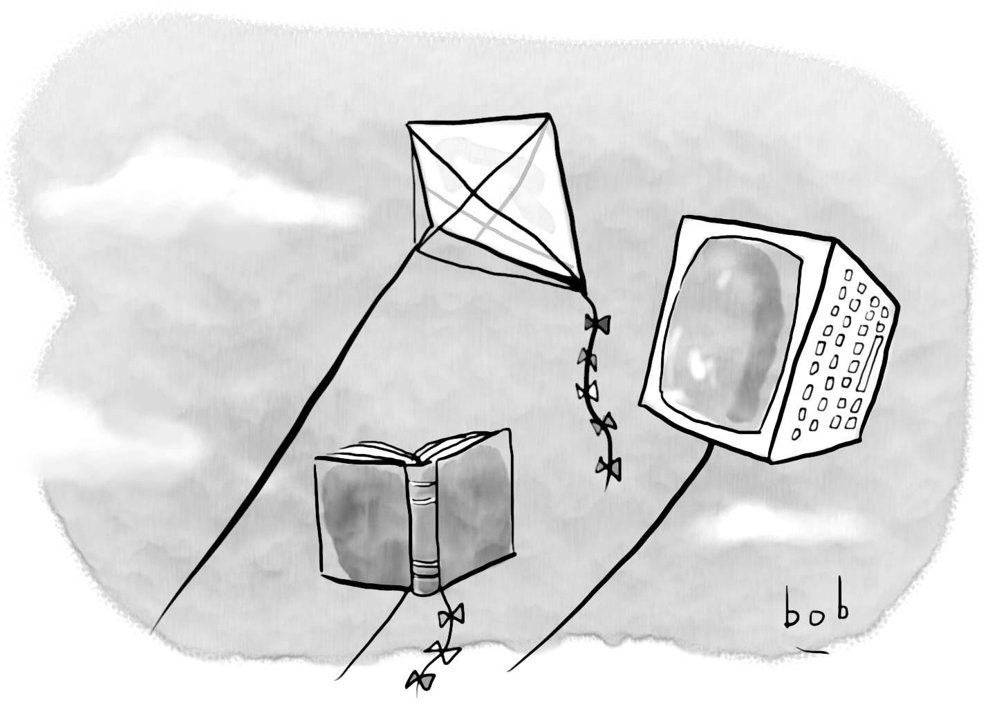 Illustration by Bob Eckstein of three kites in the air, as if being flown by Benjamin Franklin, one of which is shaped like a book and another shaped like a computer.
