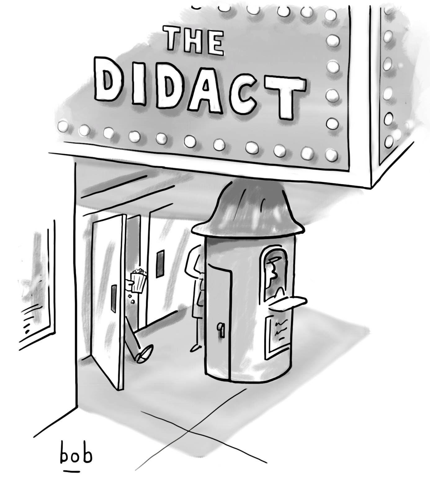 Cartoon by Bob Eckstein. The marquee of an urban movie theater promotes a film titled The Didact.