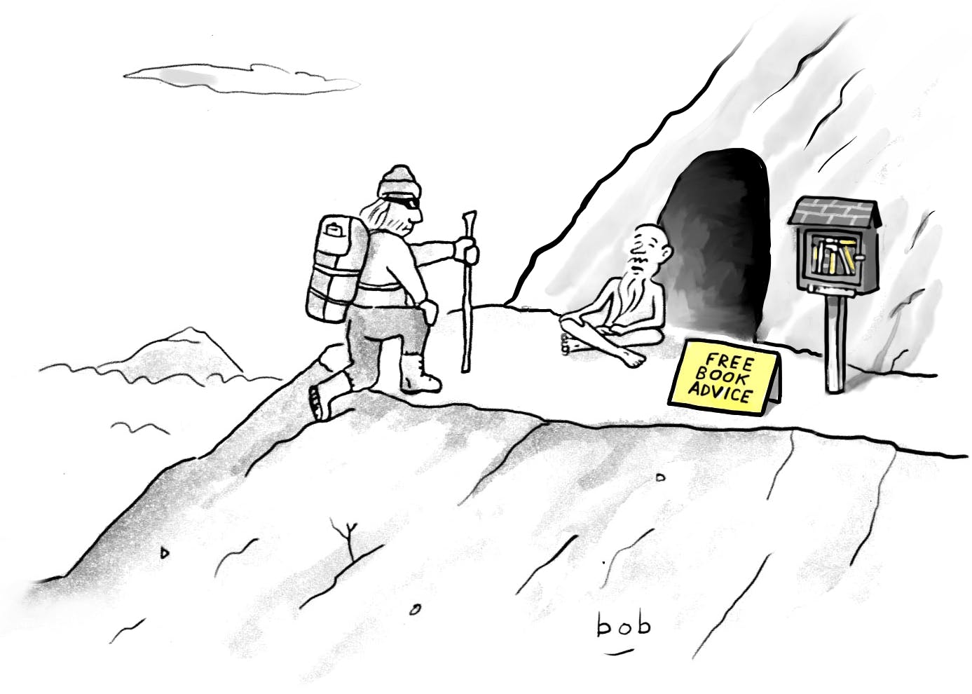 Cartoon by Bob Eckstein. A mountain climber kneels before a guru sitting cross-legged in front of a cave near a mountaintop. Nearby is a Little Free Library on a wooden stand, and on the ground is a sign reading “Free book advice”.