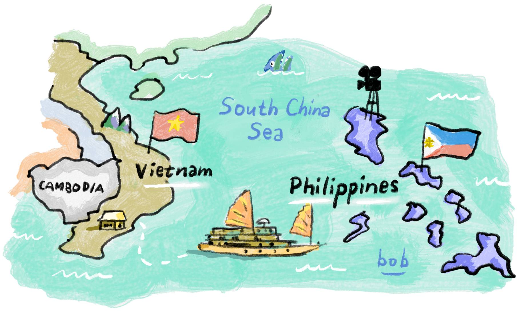 Illustration by Bob Eckstein of a boat sailing from Vietnam, across the South China Sea, to the Philippines where an old-fashioned, tripod-mounted movie camera stands on the island of Luzon.