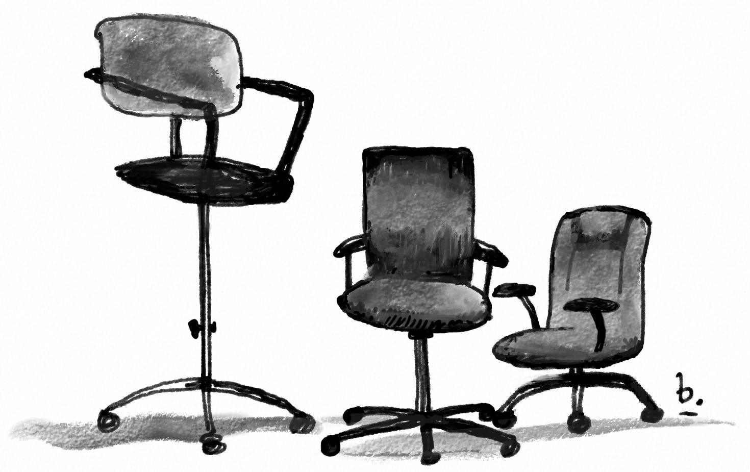 Black & white illustration of three office chairs at varying heights