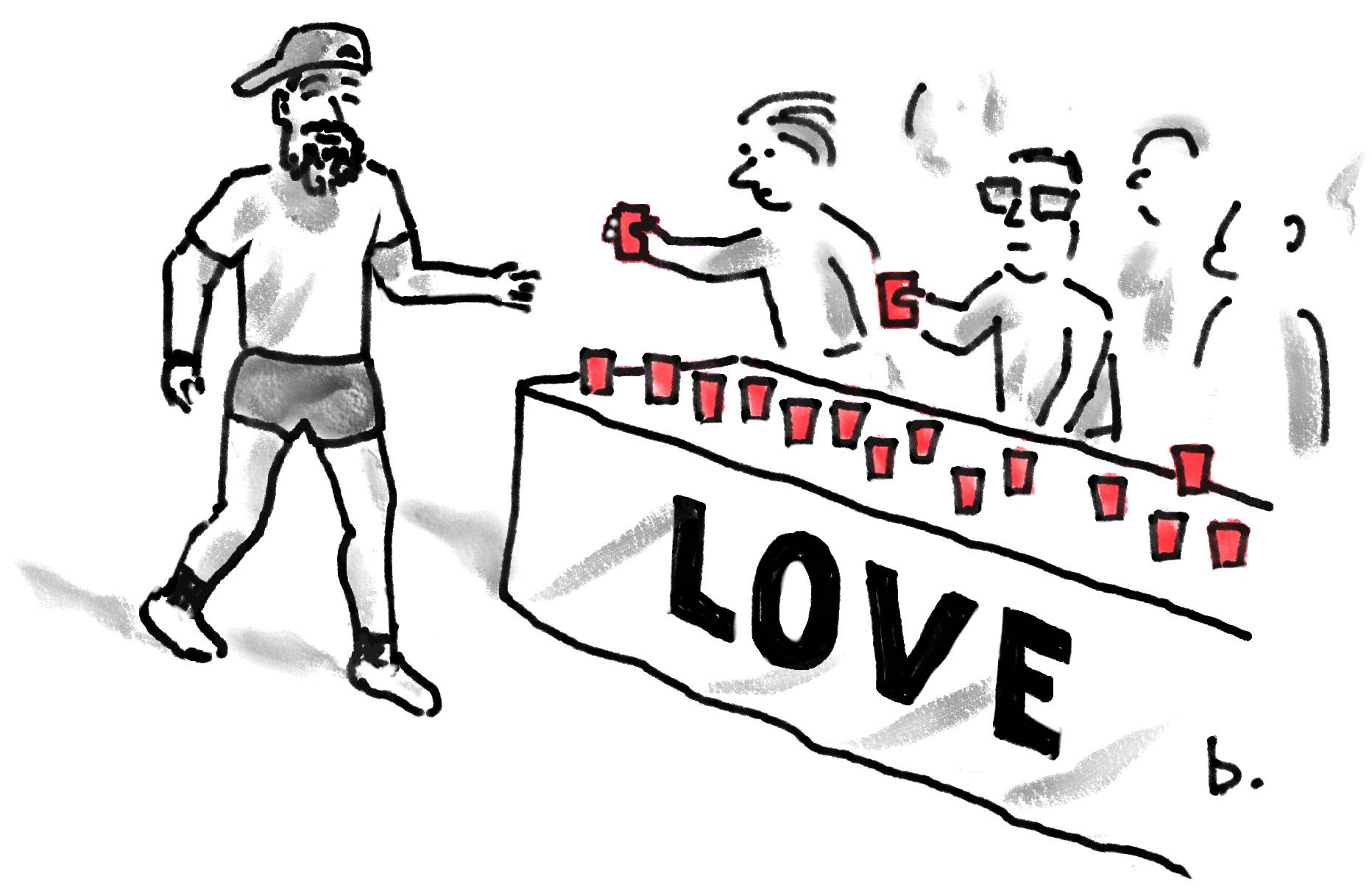 Illustration by Bob Eckstein of running coach Tommy Rivers Puzey approaching a refreshment station set up for marathon participants, where a cloth draped over the table reads “LOVE” and volunteers hand him red plastic cups.
