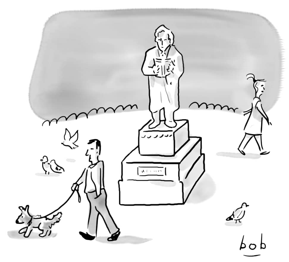 Cartoon by Bob Eckstein: people in a park walk past a statue of a historical figure reading a book.