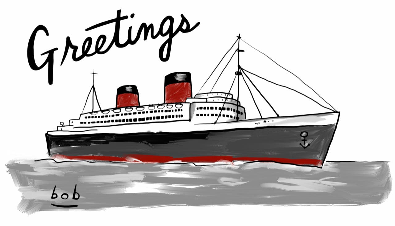 Illustration by Bob Eckstein of an ocean liner on the water with the word “Greetings” above as if on a postcard.