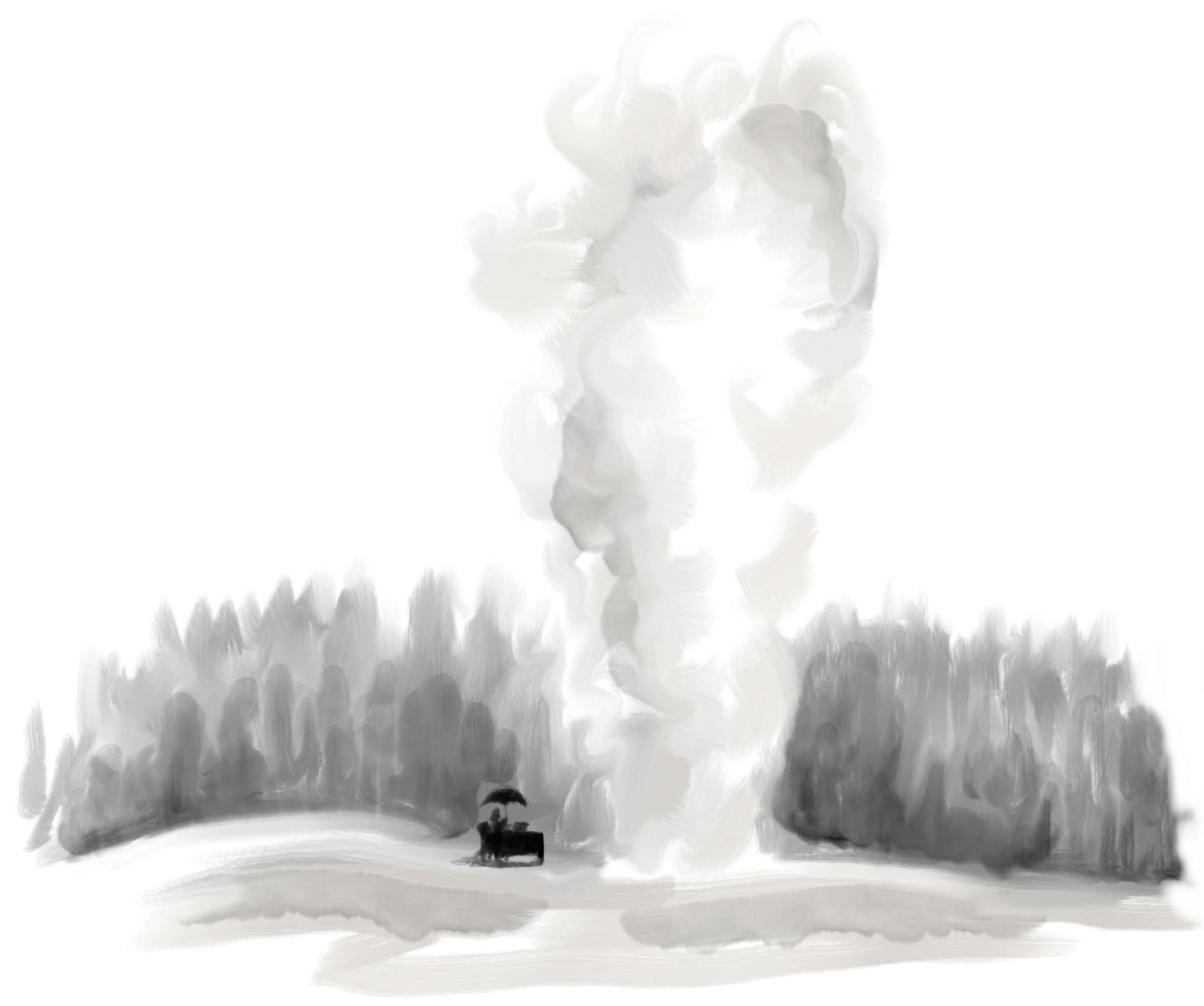 Cartoon by Bob Eckstein: next to an erupting geyser in front of a forest, a writer sits working at a desk, protected by an umbrella.