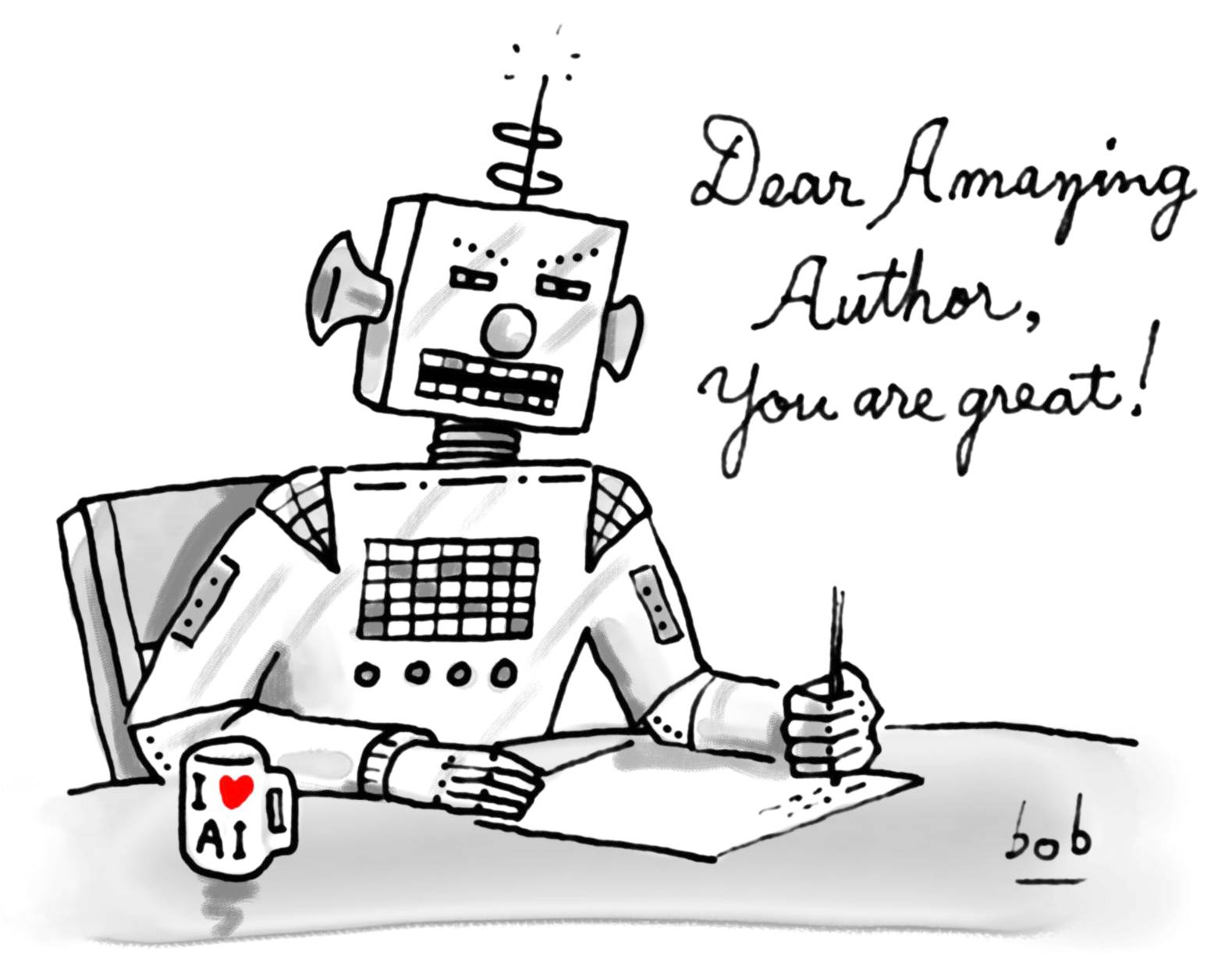Cartoon by Bob Eckstein of a robot hand-writing a letter that reads, “Dear Amazing Author, you are great!”
