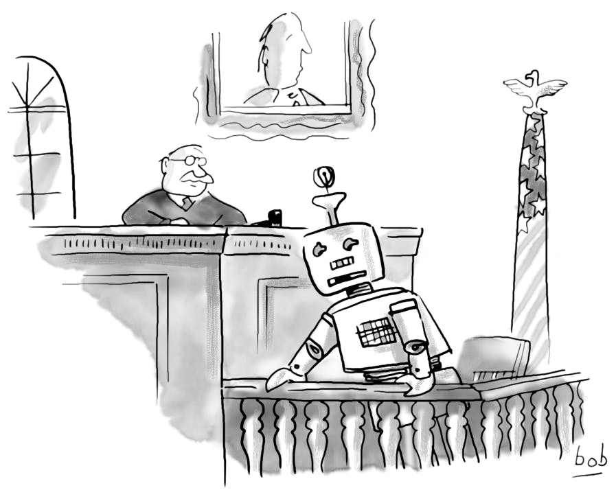 Cartoon by Bob Eckstein of a robot standing in the witness box of a courtroom.