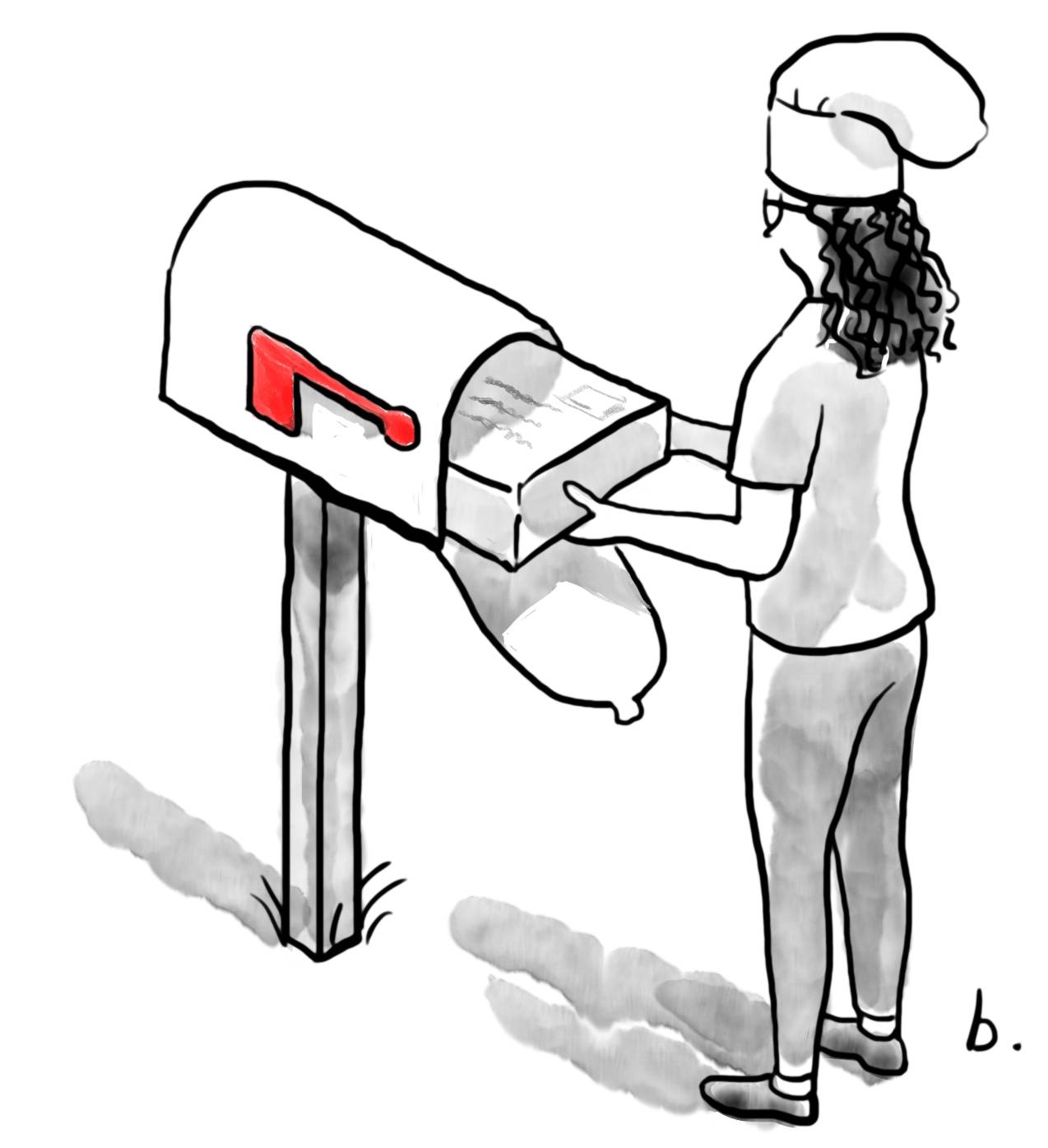 Cartoon by Bob Eckstein of Jane Friedman, wearing a chef’s toque, retrieving a package from her mailbox.