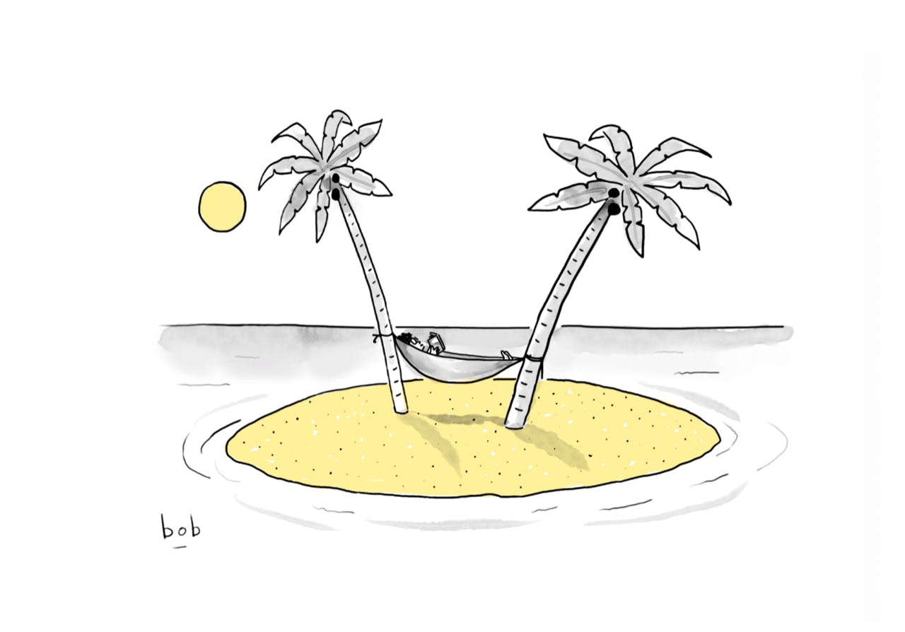 Cartoon by Bob Eckstein. In a hammock tied between two palm trees on a tiny island, a person reads a book.