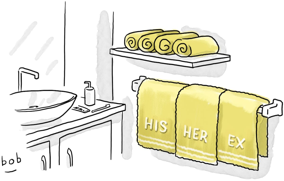 Cartoon: In a bathroom, three towels hang on a rack, embroidered separately with the words "His", "Her", and "Ex".
