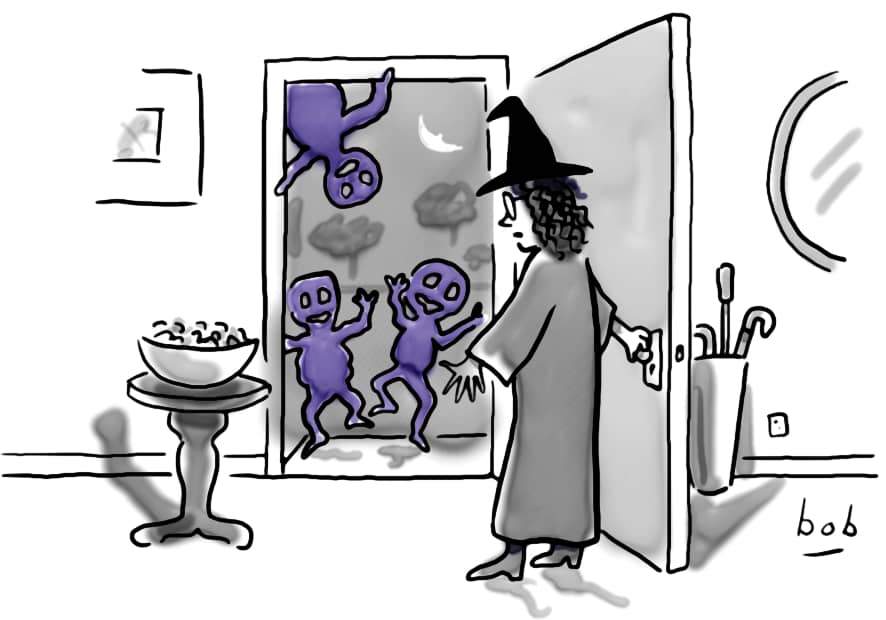 Cartoon by Bob Eckstein. Jane Friedman, dressed in a witch costume, opens the front door of her home expecting to find trick or treaters but instead is met by three playful demons.