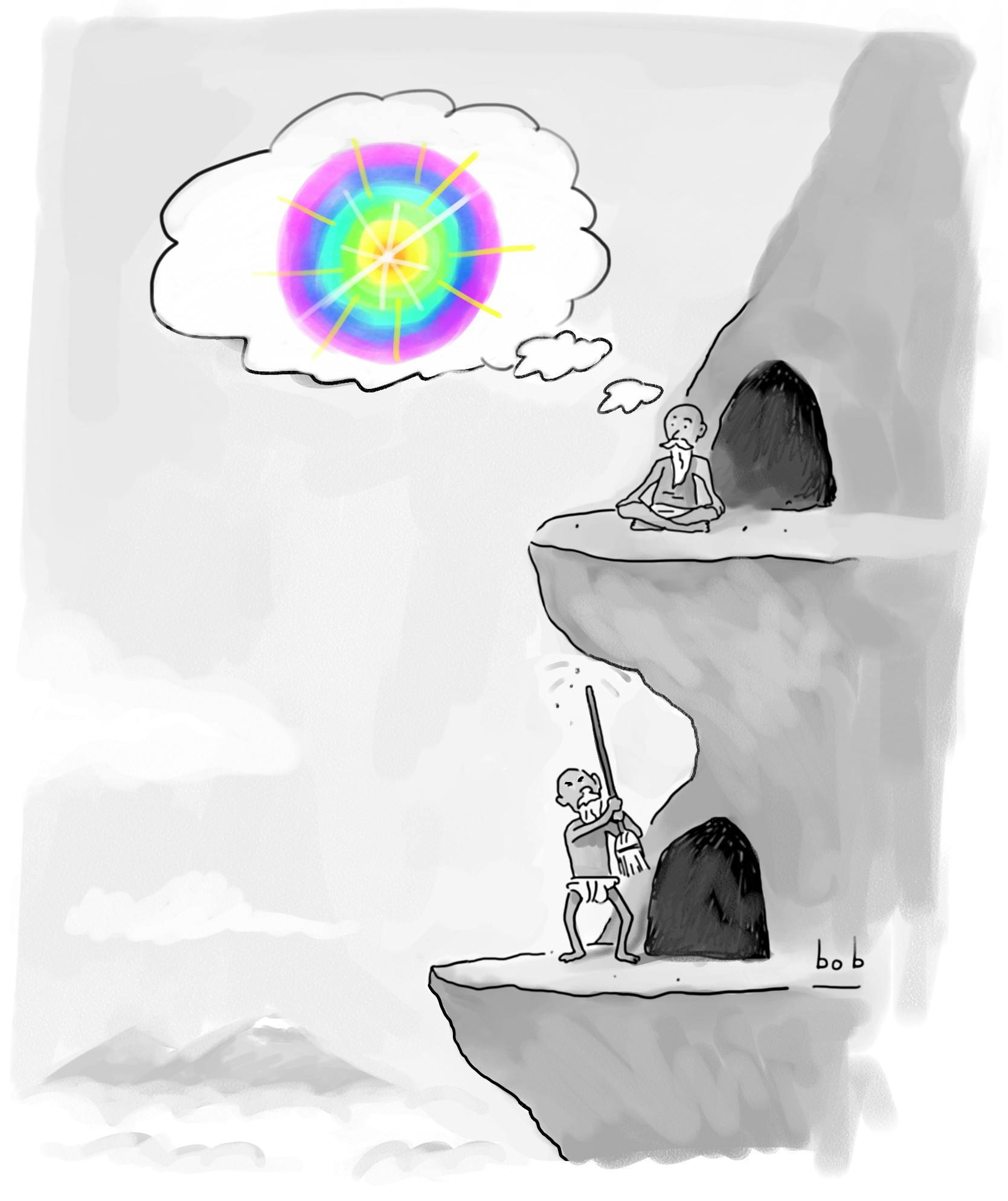 Cartoon by Bob Eckstein: two gurus live in separate mountaintop caves, one immediately above the other. The topmost one sits on his ledge, with a thought bubble illustrating a spectacular multi-colored ball representing enlightenment. Below, the other guru uses a broom handle to bang against the underside of the ledge above him.